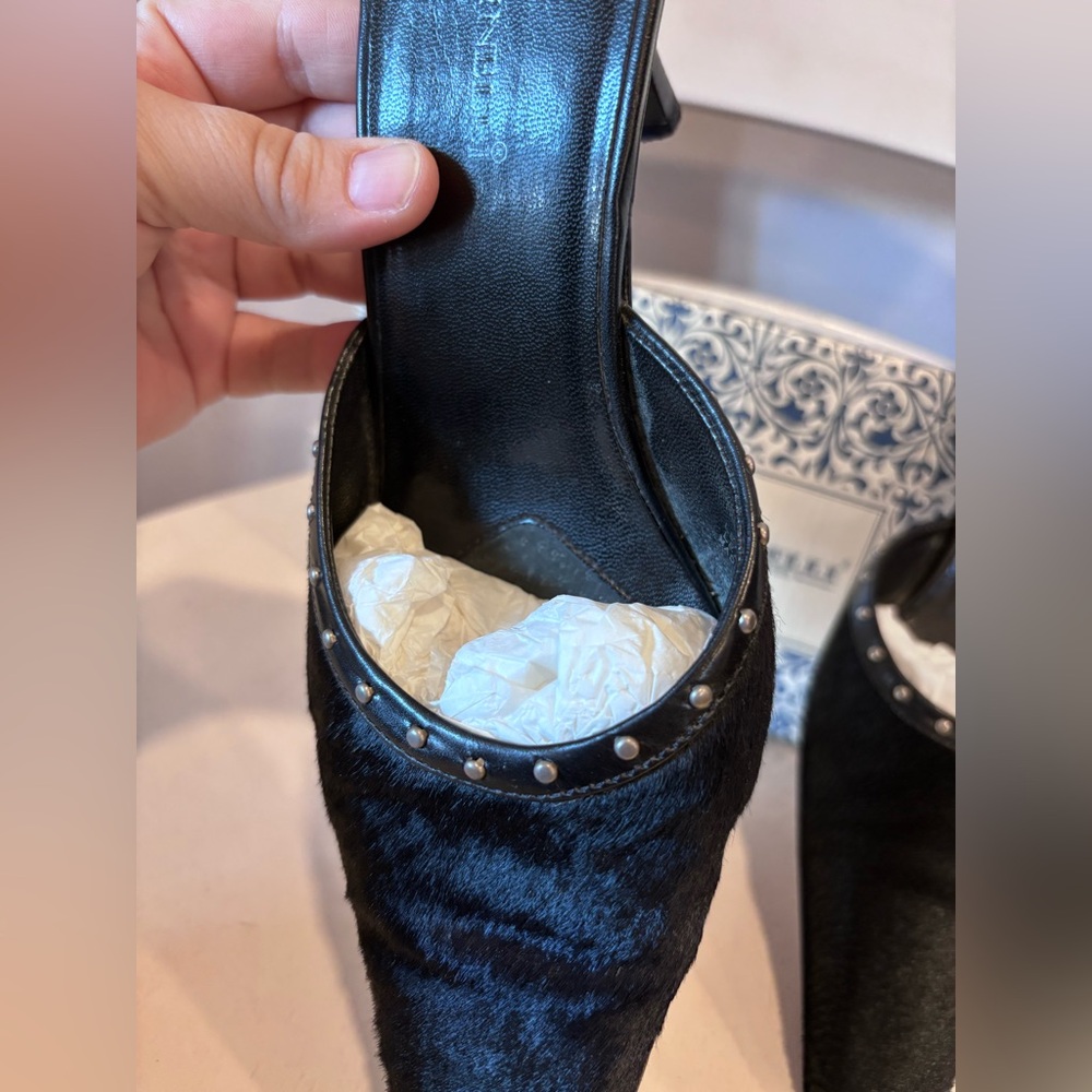 Vintage A. Marinelli black calf hair mules pointed toe silver tone studs - Picture 4 of 7